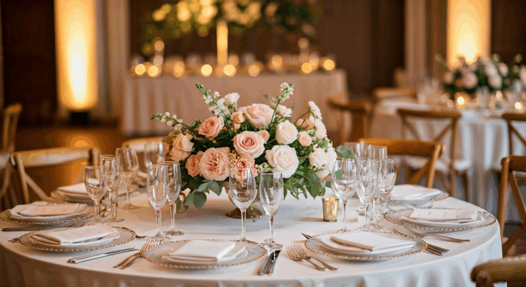 Elegante Blumengestecke auf rundem Hochzeitstisch