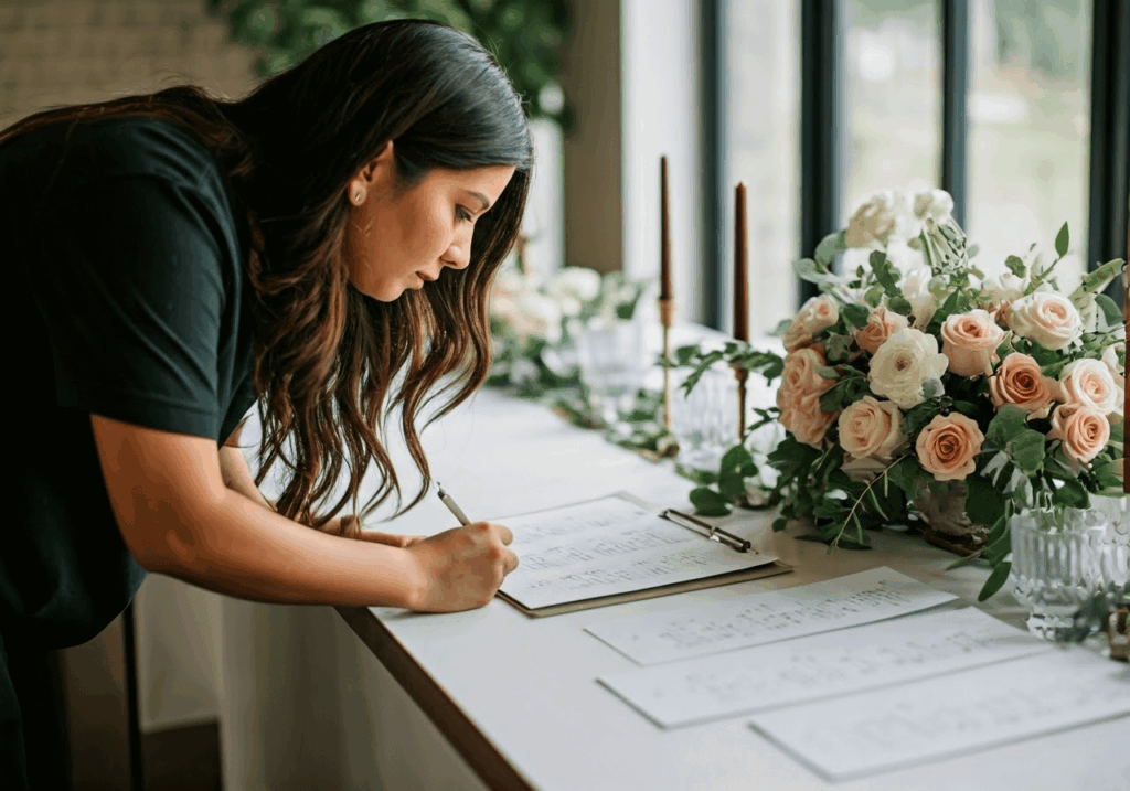 Hochzeitsplanerin plant-Hochzeit - arbeitet konzentriert an Kostenübersicht