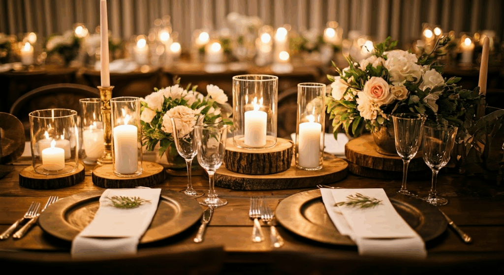 Rustikale Holzelemente bei runden Hochzeitstischen