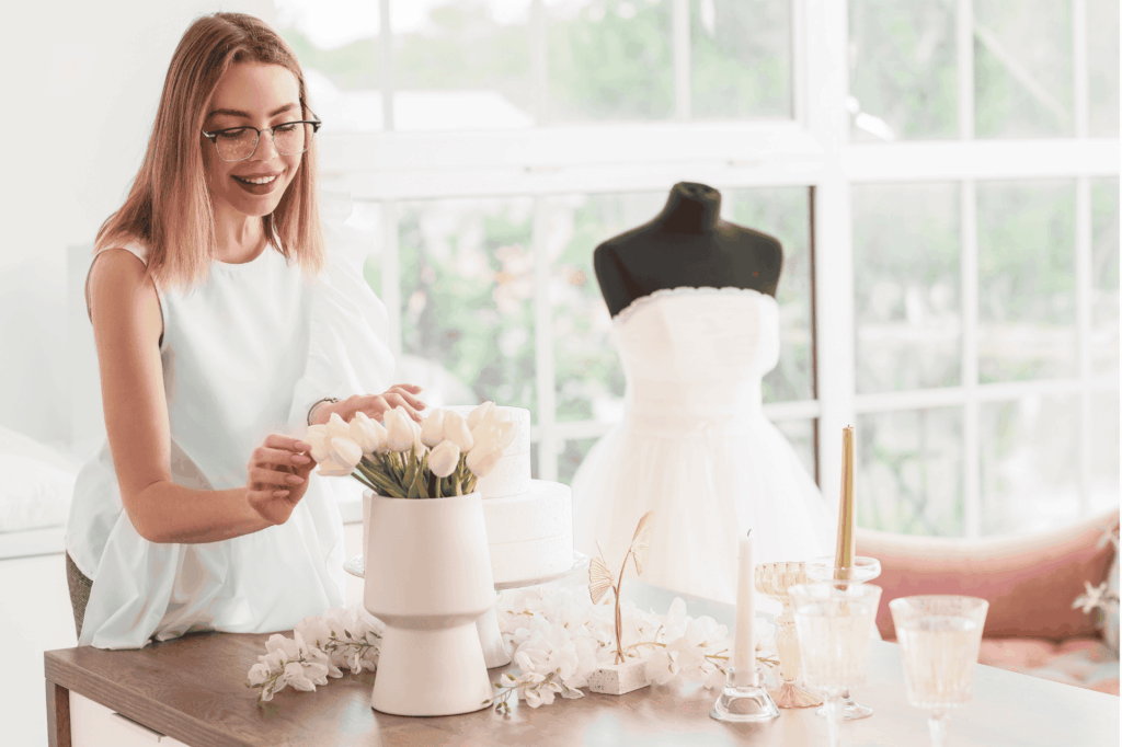 Eine Weddingplanerin arrangiert lächelnd weiße Tulpen in einer Vase auf einem dekorierten Tisch. Im Hintergrund sind ein Hochzeitskleid auf einer Schneiderpuppe und große Fenster zu sehen.