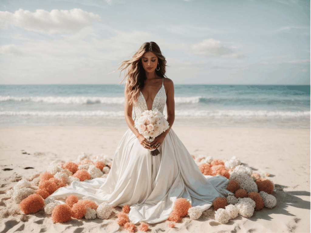 Eine wunderschöne Braut in einem eleganten weißen Brautkleid sitzt auf einem Sandstrand, umgeben von orangefarbenen und cremefarbenen Blumen, während sie einen Blumenstrauß hält und das Meer im Hintergrund zu sehen ist.