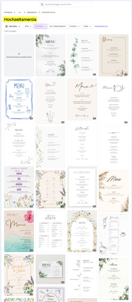 Eine Ansicht der Canva-Website, die verschiedene Vorlagen für Hochzeitsmenüs zeigt. Die Vorlagen sind in einem Raster angeordnet und umfassen unterschiedliche Stile, von floralen Designs über minimalistische bis hin zu bunten Layouts.