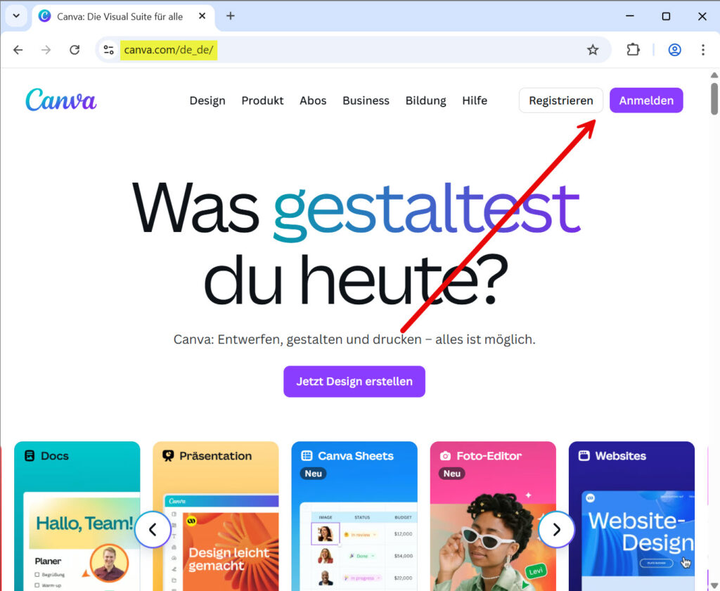 Die Startseite von Canva in deutscher Sprache. Ein großer, lilafarbener Button mit der Aufschrift „Jetzt Design erstellen“ ist in der Mitte der Seite zu sehen. Oben rechts gibt es Buttons zum „Registrieren“ und „Anmelden“