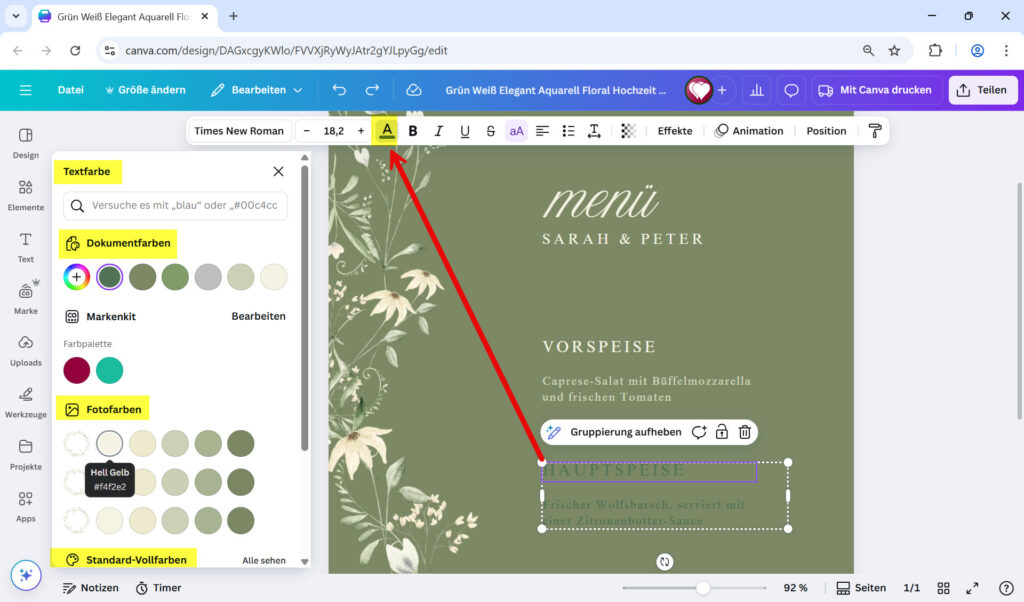 Der Bearbeitungsbereich von Canva, der die Farbpalette zum Ändern der Textfarbe zeigt. Die Option "Textfarbe" ist in der Seitenleiste geöffnet, und verschiedene Farboptionen sind sichtbar. Im Design wird der Text "HAUPTSPEISE" mit einem violetten Rahmen umrandet, während die Farbe für "Hellt Gelb" ausgewählt ist. Ein roter Pfeil zeigt auf das Farbsymbol in der oberen Bearbeitungsleiste.