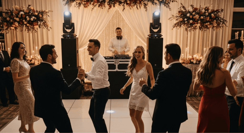 Hochzeitsgäste tanzen ausgelassen mit dem Brautpaar auf der Tanzfläche, DJ im Hintergrund.