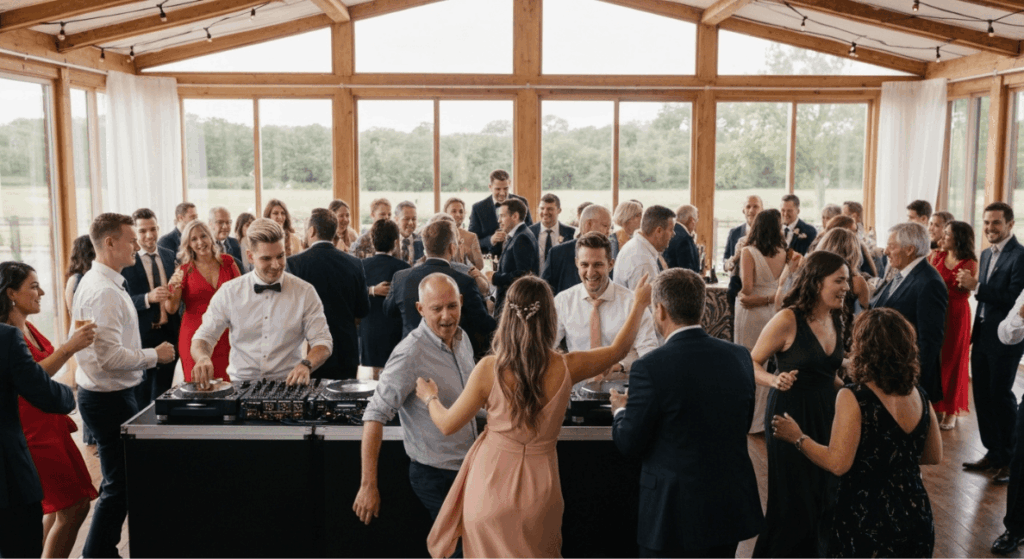 Gäste tanzen und feiern fröhlich bei einem Hochzeits-Empfang mit DJ