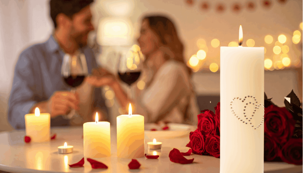 Romantisches Candle-Light-Dinner mit brennender Hochzeitskerze, roten Rosen und verliebtem Paar im Hintergrund.