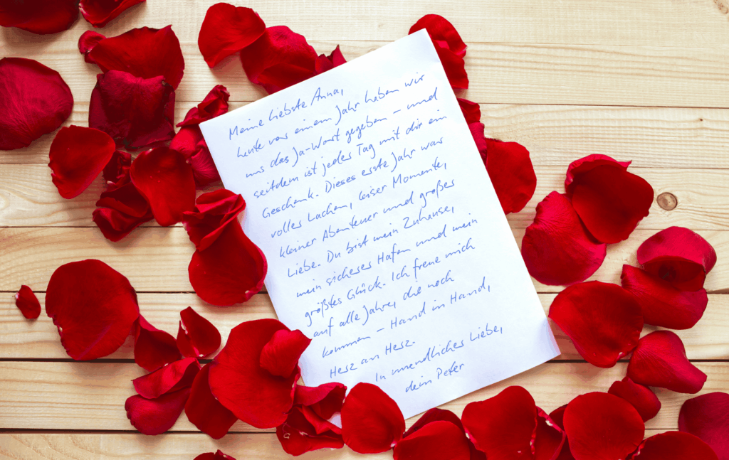 Handgeschriebener Liebesbrief zur Papierhochzeit mit persönlichen Worten und Zukunftswünschen für den Partner.