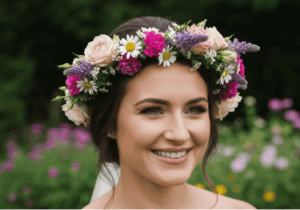 Nahaufnahme einer lächelnden Braut mit einem eleganten Blumenkranz aus pastellfarbenen Rosen, Gänseblümchen und Lavendel in ihrem dunklen Haar.