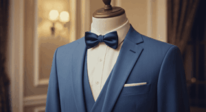Ein eleganter, blauer Hochzeitsanzug mit passender Weste, weißem Hemd und einer blauen Fliege, auf einer Schneiderpuppe präsentiert.