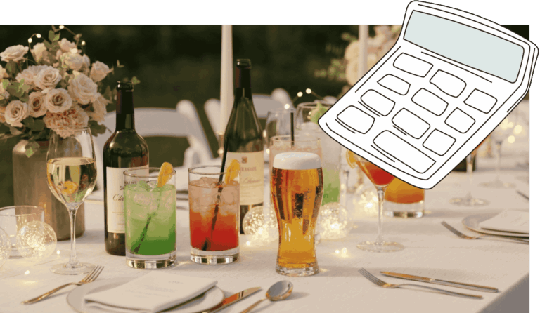 Ein gedeckter Tisch mit verschiedenen alkoholischen Getränken (Wein, Bier, Cocktails) und einer skizzierten, überlagernden Taschenrechner-Grafik. Die Szene ist festlich beleuchtet und suggeriert die Planung der Getränkemengen für eine Party oder Hochzeit.