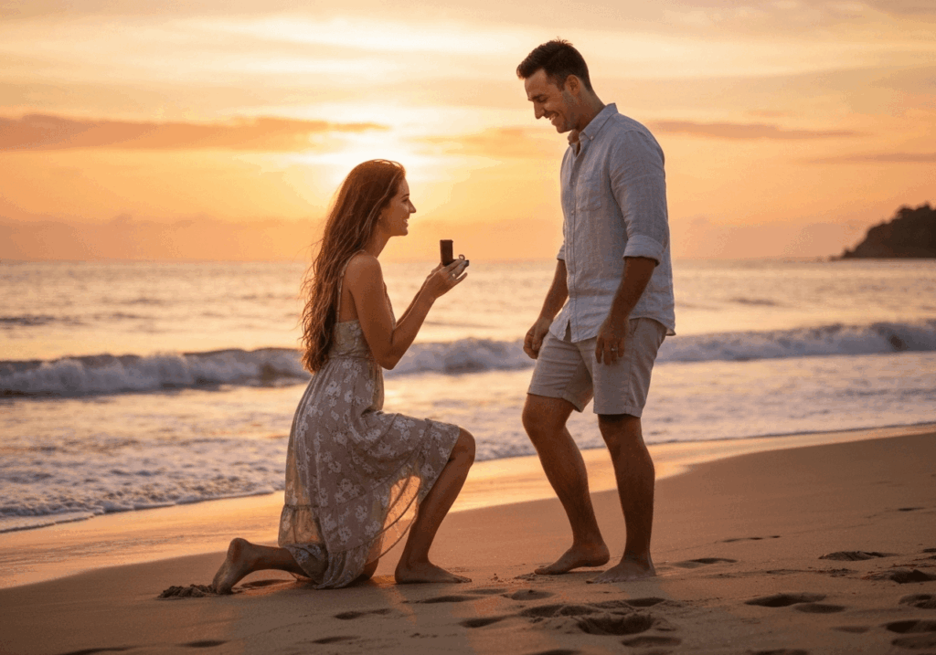 Eine Frau kniet am Strand vor einem Mann und hält ihm eine offene Ringschachtel entgegen. Sie lächeln sich an. Im Hintergrund ist ein wunderschöner Sonnenuntergang über dem Meer zu sehen.