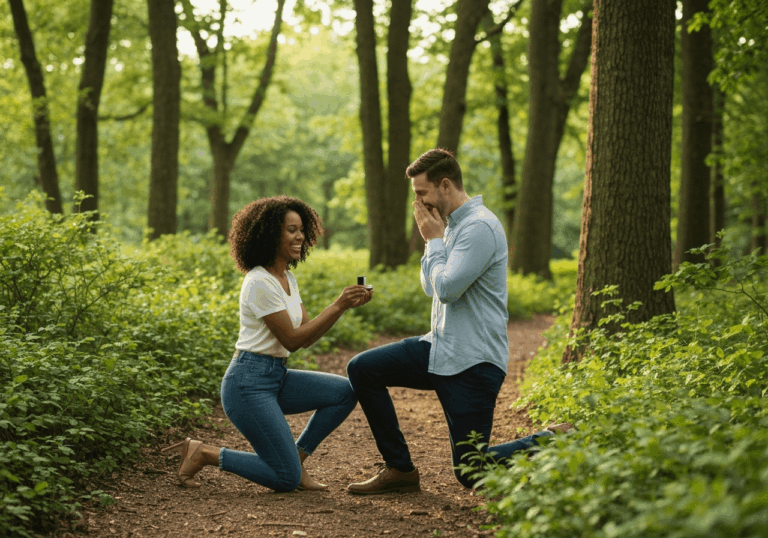 Eine Frau kniet in einem lichten Waldstück vor einem Mann und hält eine offene Ringschachtel hin (Heiratsantrag). Der Mann ist überrascht, hält seine Hände vor das Gesicht und lächelt.