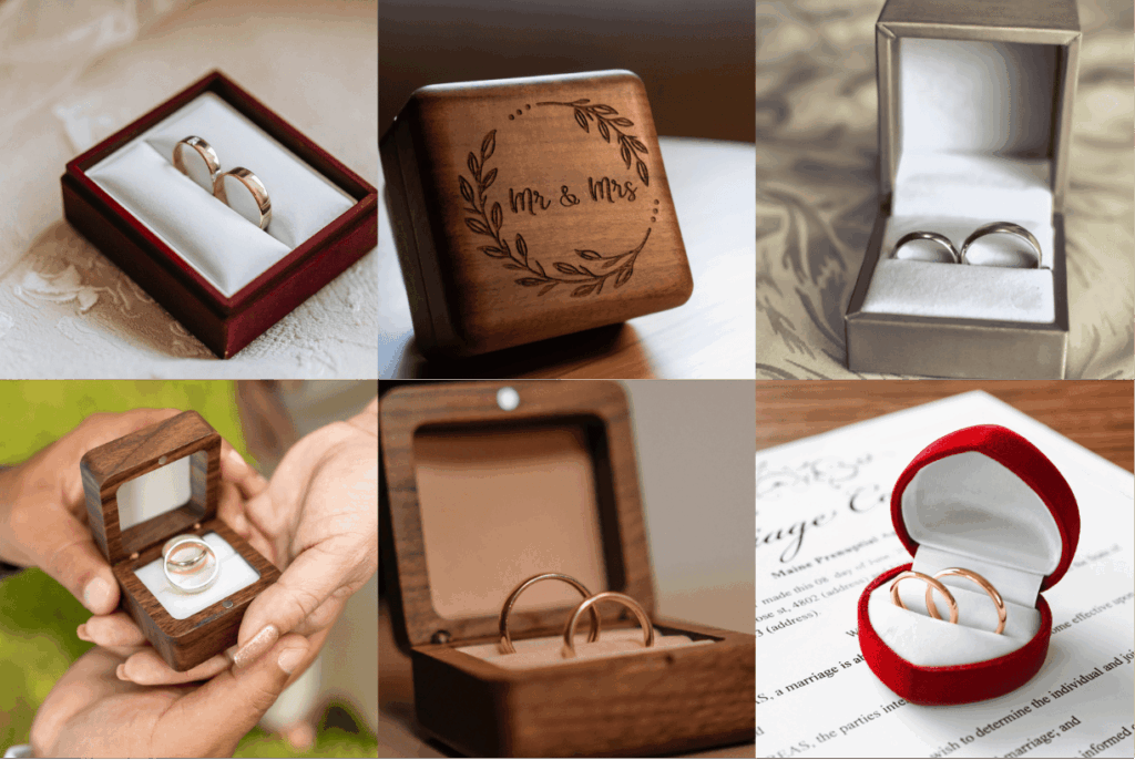 Collage mit sechs verschiedenen Optionen zur Aufbewahrung und Präsentation von Eheringen, darunter Samtboxen, gravierte Holzboxen und ein rotes Herz-Etui, teils auf einer Heiratsurkunde liegend.