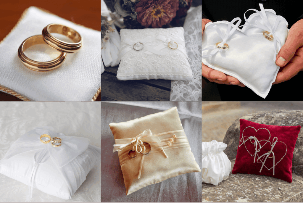 Collage mit sechs verschiedenen Ringkissen-Designs, darunter schlichte weiße, mit Spitze verzierte, cremefarbene Satin- und ein rotes Samtkissen, alle mit Eheringen und Bändern dekoriert.