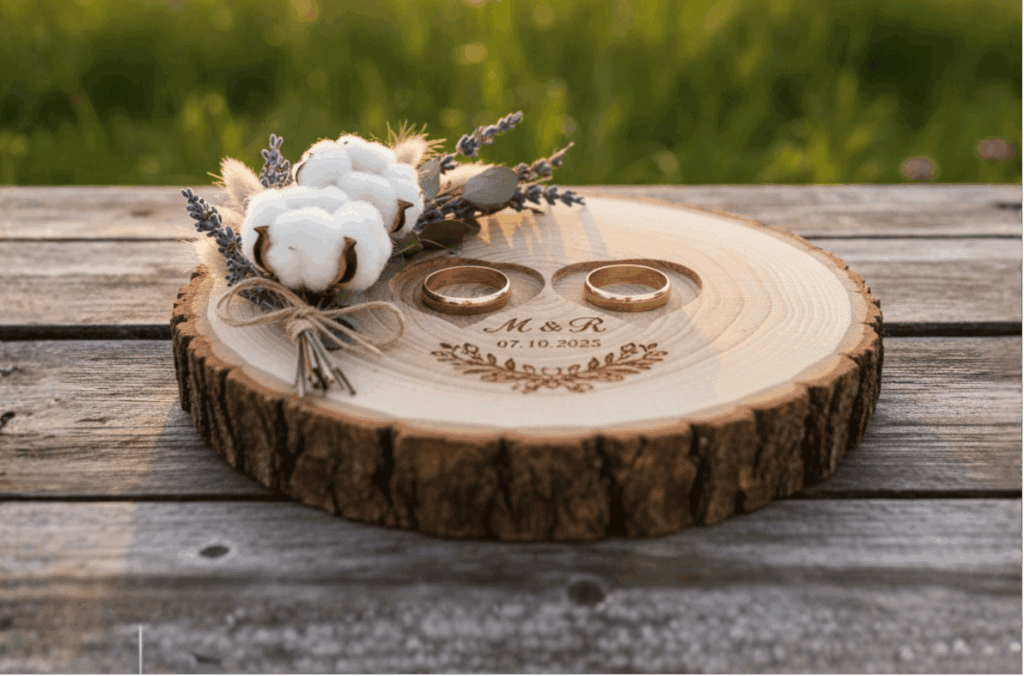 Nahaufnahme einer personalisierten Ringträger-Alternative: eine naturbelassene Holzscheibe mit eingravierten Initialen und Datum, dekoriert mit Baumwollblüten und Lavendel, auf einem Holztisch im Freien.