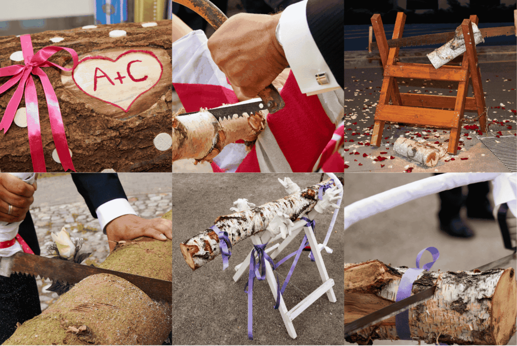 Collage vom traditionellen Hochzeitsbrauch Baumstammsägen nach dem Standesamt – Braut und Bräutigam sägen gemeinsam einen geschmückten Baumstamm als Symbol für Teamwork und Zusammenhalt.