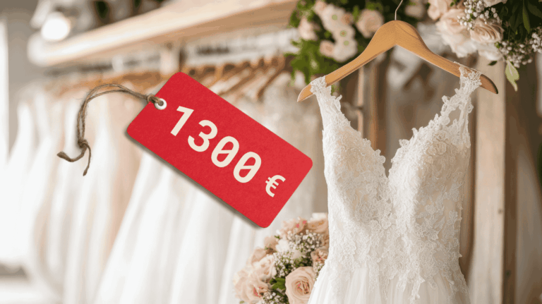 Weißes Brautkleid auf einem Holzkleiderbügel mit einem roten Preisschild über 1300 Euro im Hintergrund eines Brautmodengeschäfts.
