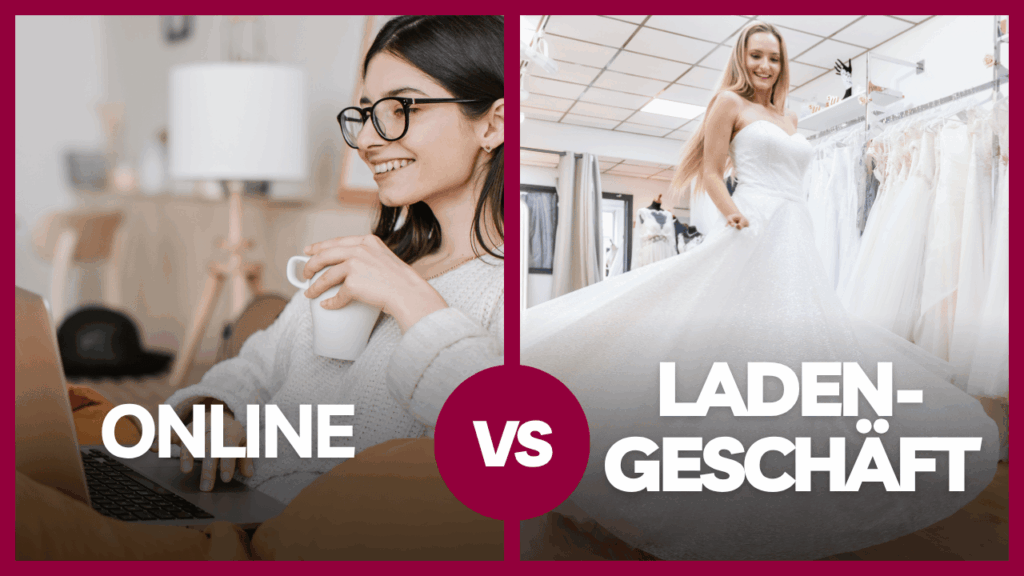Geteiltes Bild mit einer Frau, die gemütlich online auf dem Laptop schaut, und einer Braut, die in einem Brautmodengeschäft ein Kleid anprobiert. In der Mitte steht ein großes „VS“.