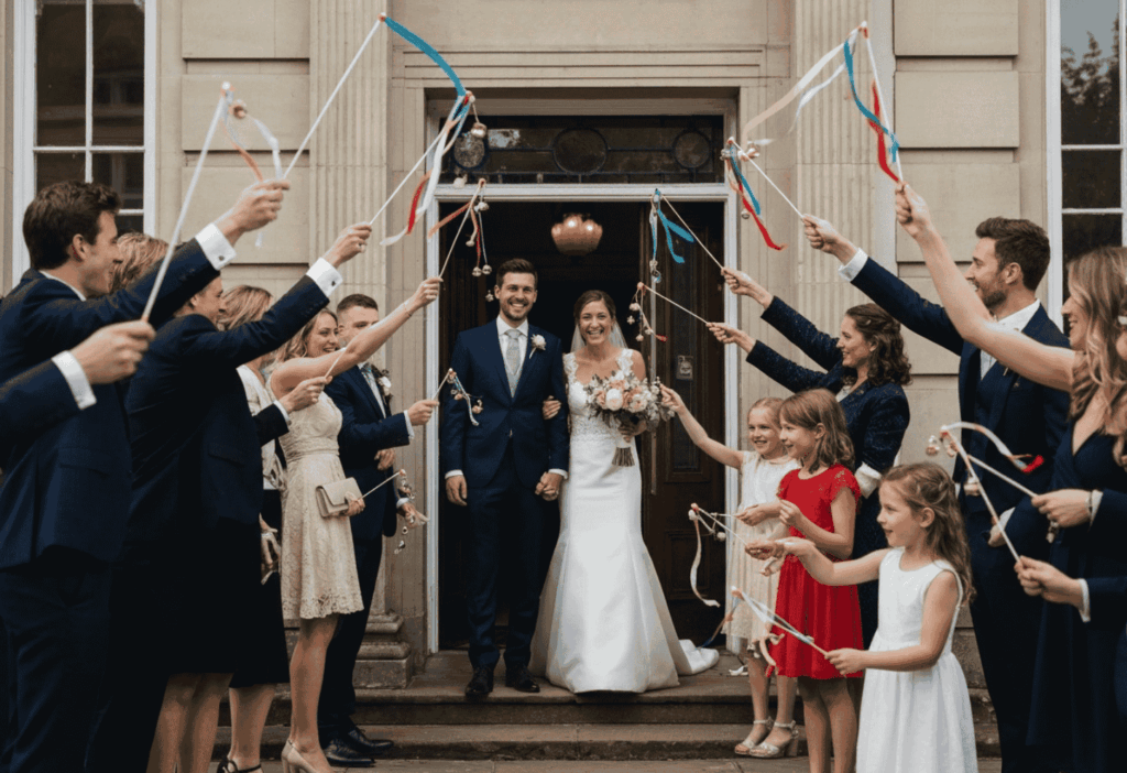 Brautpaar verlässt das Standesamt, während Gäste mit Wedding Wands und Glöckchen Spalier stehen – ein festlicher Hochzeitsbrauch mit bunten Bändern.