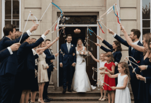 Brautpaar verlässt das Standesamt, während Gäste mit Wedding Wands und Glöckchen Spalier stehen – ein festlicher Hochzeitsbrauch mit bunten Bändern.