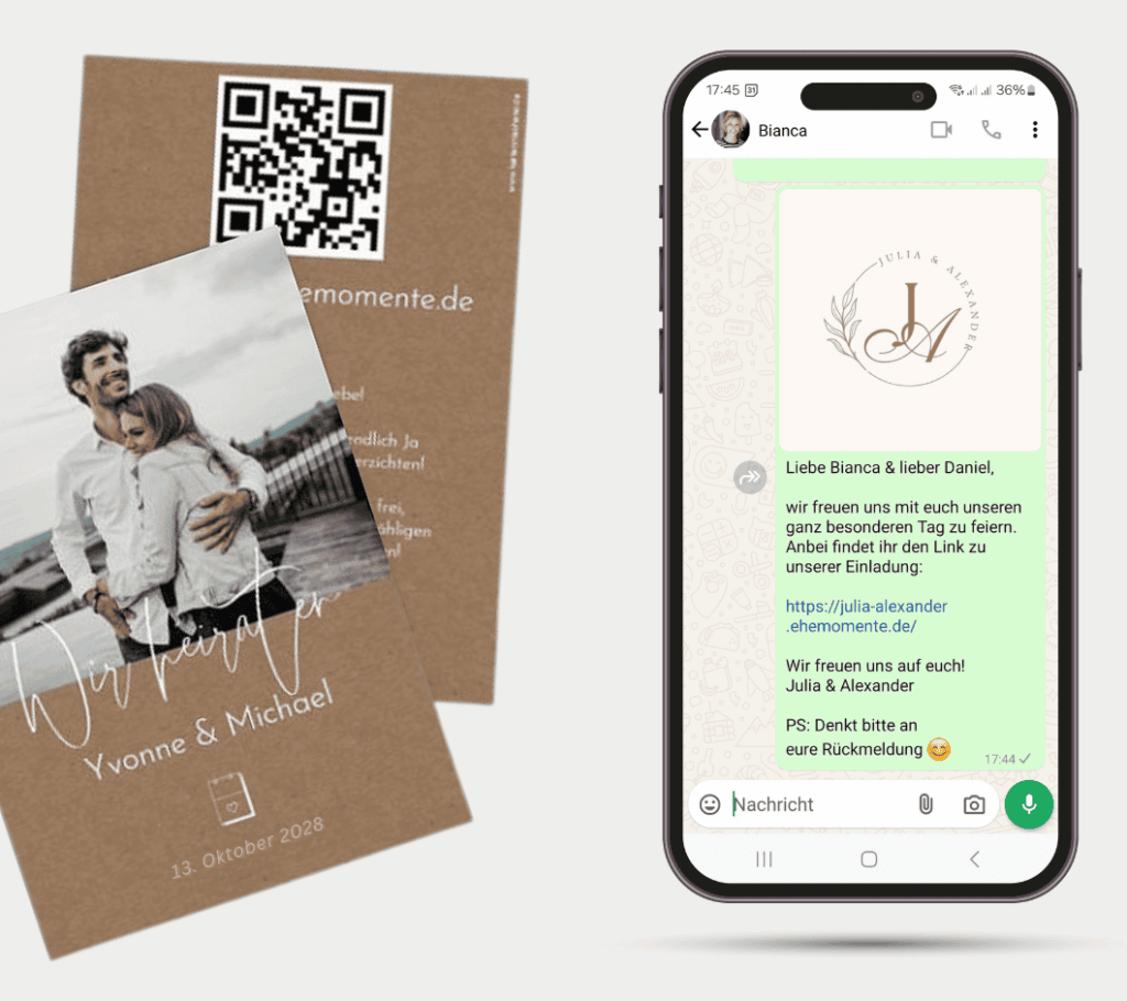 Digitale Hochzeitseinladung: Einladungskarte mit QR-Code und Beispiel einer WhatsApp-Nachricht mit Link zur Hochzeitswebsite auf einem Smartphone.