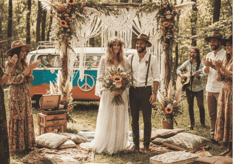 Lächelndes Brautpaar in Boho-Kleidung und Hüten nach der Trauung im Wald. Im Hintergrund steht ein bunter VW-Bus und Gäste applaudieren. Die Szene ist mit Makramee, Sonnenblumen und Kissen im Hippie-Stil dekoriert.