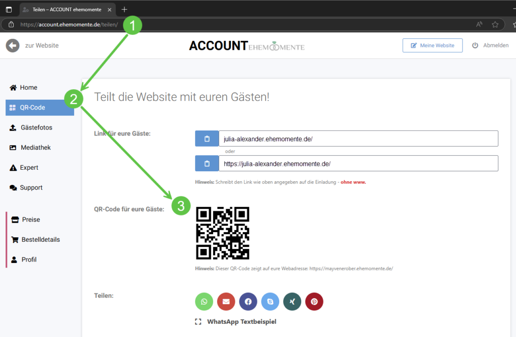 Screenshot des Admin-Bereichs einer Hochzeitswebsite mit den Optionen Link und QR-Code generieren, um die digitale Hochzeitseinladung per WhatsApp zu teilen.