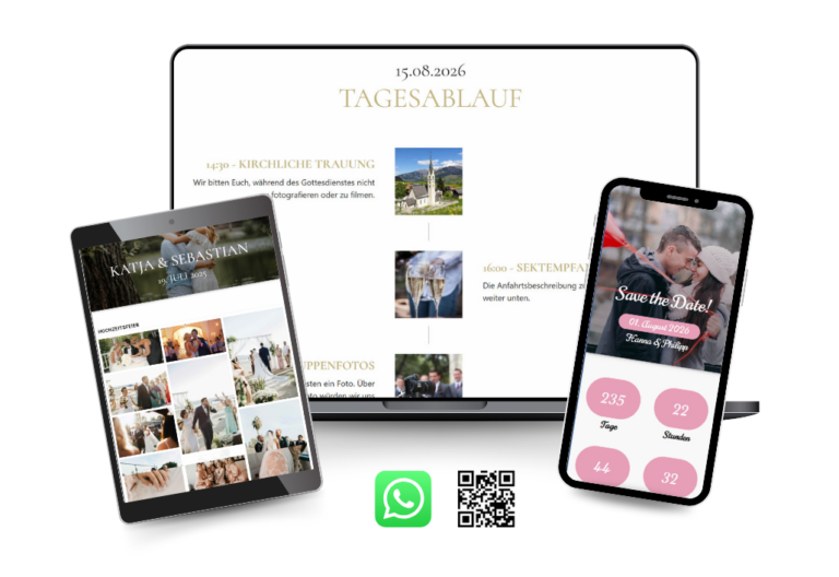 Responsives Design einer digitalen Hochzeitseinladung mit dem Tagesablauf, einer Fotogalerie und einer Save-the-Date-Seite mit Countdown, dargestellt auf Laptop, Tablet und Smartphone.