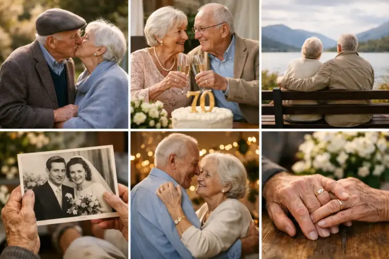 Fotocollage zum 70. Hochzeitstag mit Szenen eines Seniorenpaares: Kuss, Anstoßen mit Sekt, Blick auf einen See, ein altes Hochzeitsfoto und Händchenhalten mit Eheringen.