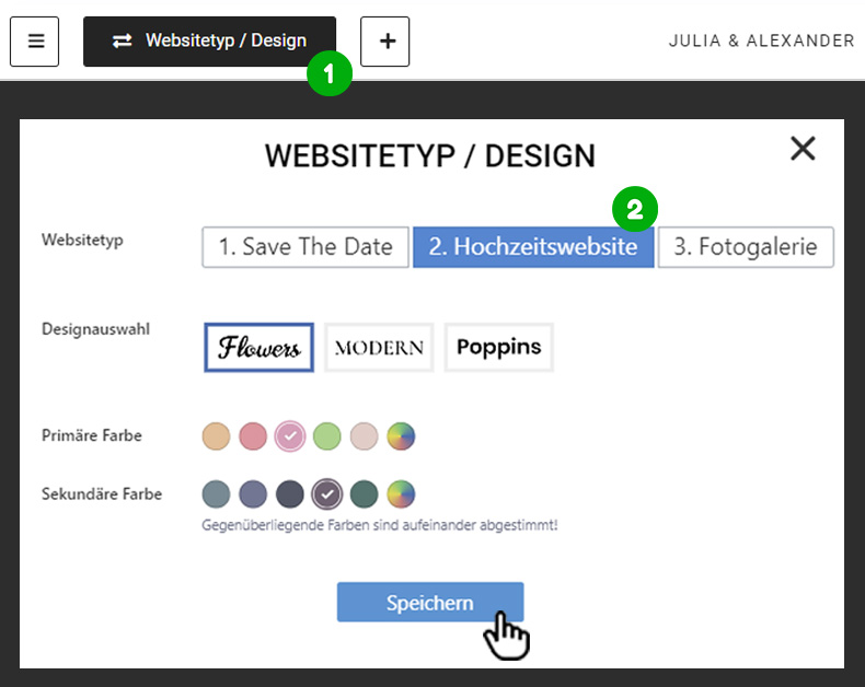 Hochzeitshomepage - Websitetyp und Design auswählen