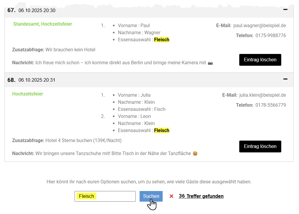 Ausschnitt aus einer digitalen Gästeliste für eine Hochzeit, die zwei Einträge sowie ein Suchfeld zeigt. Das Suchfeld ist mit dem Begriff "Fleisch" ausgefüllt, und das Ergebnis "36 Treffer gefunden" wird angezeigt. In den beiden sichtbaren Anmeldungen ist das Wort "Fleisch" bei der Essensauswahl hervorgehoben.