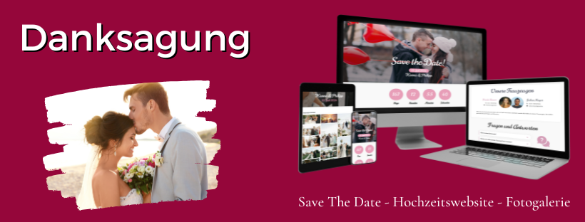 Titelgrafik für die Online-Danksagung mit einem Küssenden-Brautpaar und Beispielen einer Hochzeitshomepage auf Laptop, Tablet und Smartphone.