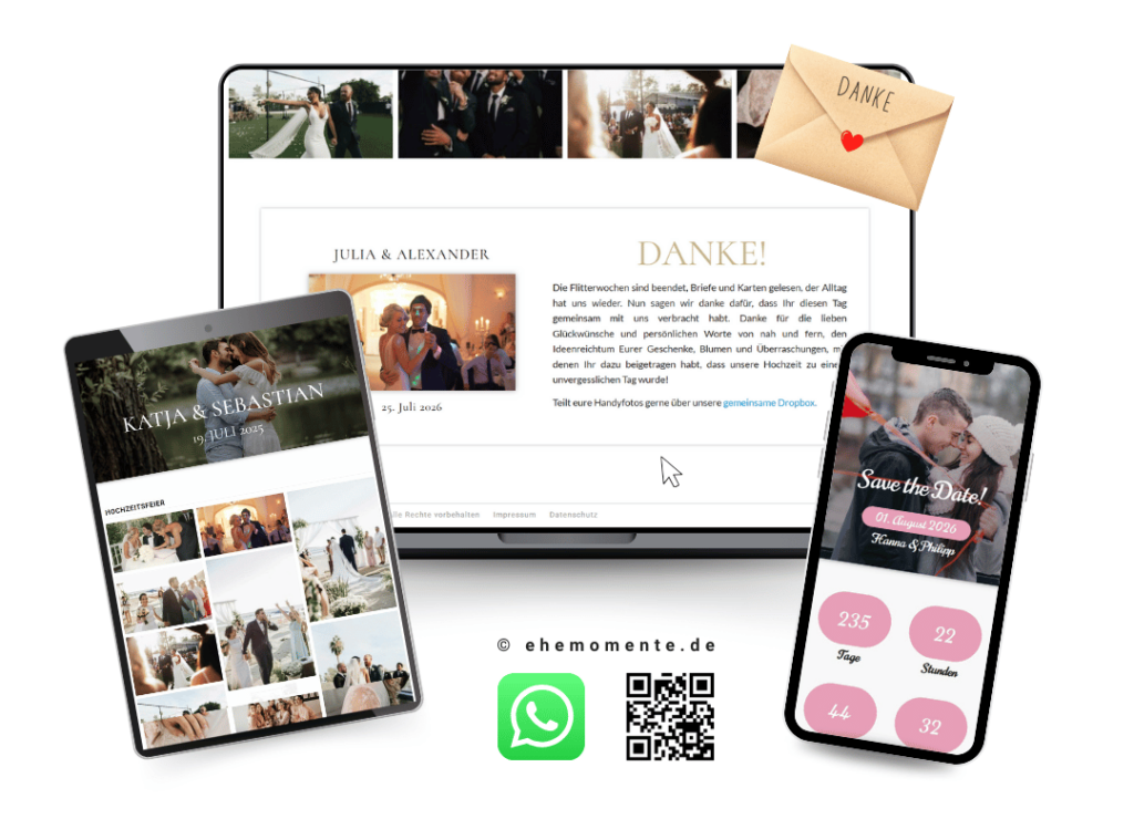 Mockup der Danksagungs-Funktion von ehemomente.de auf verschiedenen Geräten. Der Laptop zeigt einen herzlichen Dankestext an die Gäste sowie eine Integration für den gemeinsamen Foto-Upload via Dropbox. Illustriert wird dies durch ein Tablet mit Hochzeitsfotos und ein Smartphone mit Countdown sowie WhatsApp-Teilen-Funktion.