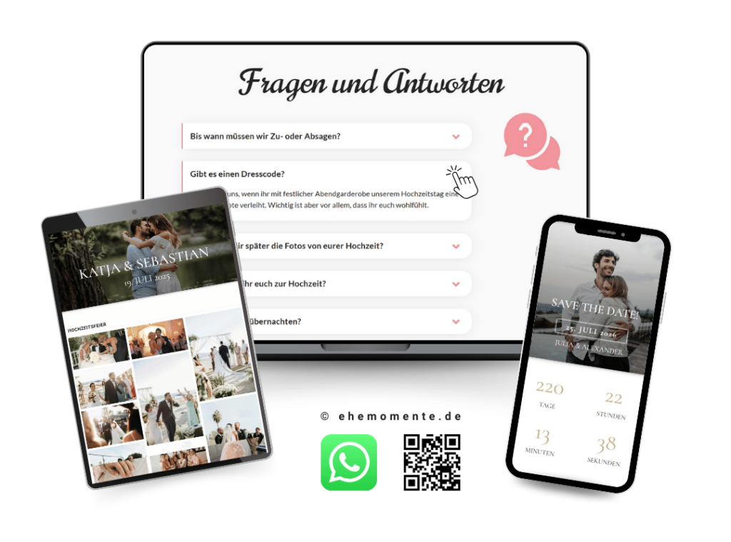 Mockup der ehemomente.de FAQ-Funktion auf Laptop, Tablet und Smartphone. Der Laptop zeigt ausklappbare Fragen zu Dresscode und Zu- oder Absagen, während das Smartphone einen Live-Countdown und das Tablet eine Fotogalerie der Hochzeitsfeier präsentiert.