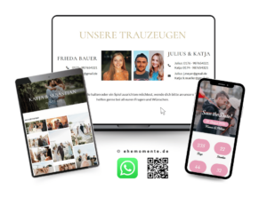 Mockup-Ansicht der Trauzeugen-Seite von ehemomente.de. Der Laptop zeigt Porträtfotos sowie Telefonnummern und E-Mail-Adressen der Trauzeugen. Ergänzt wird die Darstellung durch ein Tablet mit einer Hochzeits-Fotogalerie und ein Smartphone mit einem personalisierten Countdown-Zähler.