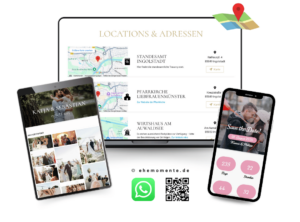 Geräte-Mockup der ehemomente.de Funktionsseite für Standorte. Der Laptop zeigt eine Liste von Locations wie Standesamt und Kirche mit interaktiven Karten-Ausschnitten und Adressen. Ein Tablet präsentiert eine Fotogalerie und das Smartphone zeigt ein 'Save the Date' mit Countdown sowie QR-Code und WhatsApp-Icon zur einfachen Freigabe.
