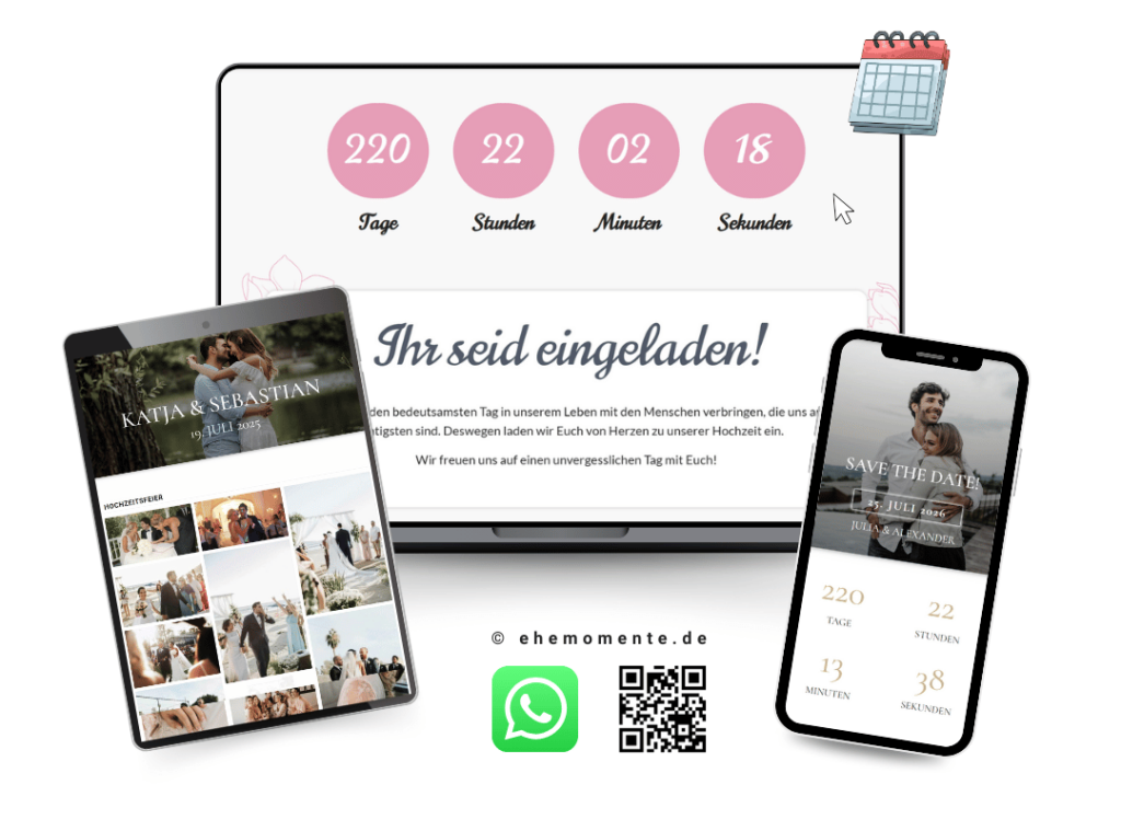 Mockup-Präsentation der Countdown-Funktion für Hochzeitswebsites. Der Laptop im Hintergrund zeigt einen großflächigen Zähler für Tage, Stunden, Minuten und Sekunden in Rosa. Das Smartphone im Vordergrund zeigt das 'Save the Date' Design mit integriertem Live-Countdown und einem Foto des Brautpaares.