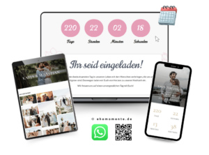 Mockup-Präsentation der Countdown-Funktion für Hochzeitswebsites. Der Laptop im Hintergrund zeigt einen großflächigen Zähler für Tage, Stunden, Minuten und Sekunden in Rosa. Das Smartphone im Vordergrund zeigt das 'Save the Date' Design mit integriertem Live-Countdown und einem Foto des Brautpaares.