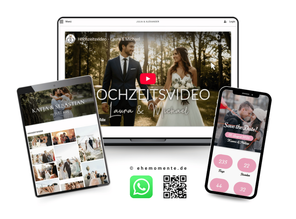 Mockup der Videofunktion von ehemomente.de. Der Laptop im Hintergrund zeigt ein eingebettetes Hochzeitsvideo mit Play-Button, während das Tablet eine Fotogalerie der Feier und das Smartphone ein 'Save the Date' Design mit Countdown sowie QR-Code präsentiert.