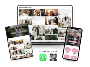 Mockup der Online-Fotogalerie von ehemomente.de auf verschiedenen Endgeräten. Der Laptop zeigt eine sortierte Ansicht der kirchlichen Trauung mit zahlreichen Hochzeitsfotos, flankiert von einem Tablet mit Bildervorschau und einem Smartphone, das den Countdown sowie WhatsApp- und QR-Code-Optionen zum einfachen Teilen präsentiert.