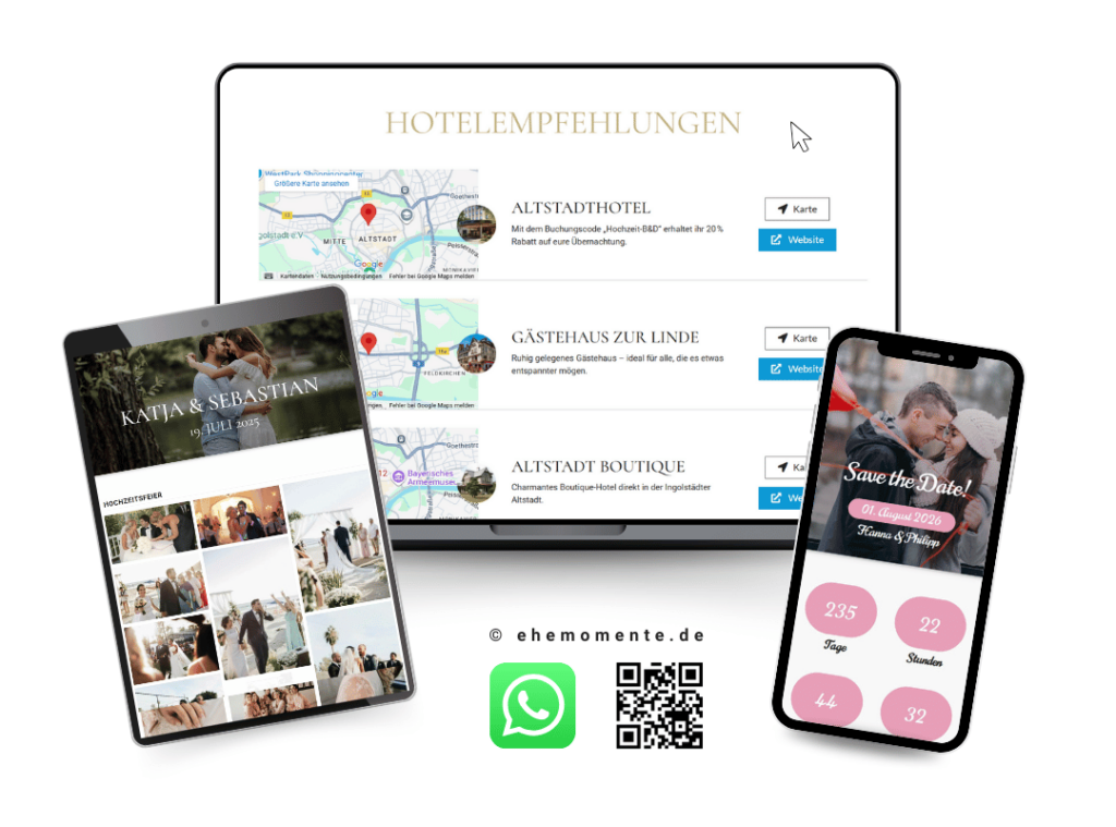 Responsive Darstellung der Funktion 'Hotelempfehlungen' von ehemomente.de. Der Laptop zeigt eine Liste von Unterkünften mit Vorschaubildern, Standortkarten und Buttons für Website-Links. Flankiert wird die Ansicht von einem Tablet mit Fotogalerie und einem Smartphone, das ein 'Save the Date' mit Countdown sowie WhatsApp- und QR-Code-Optionen zur einfachen Weitergabe zeigt.