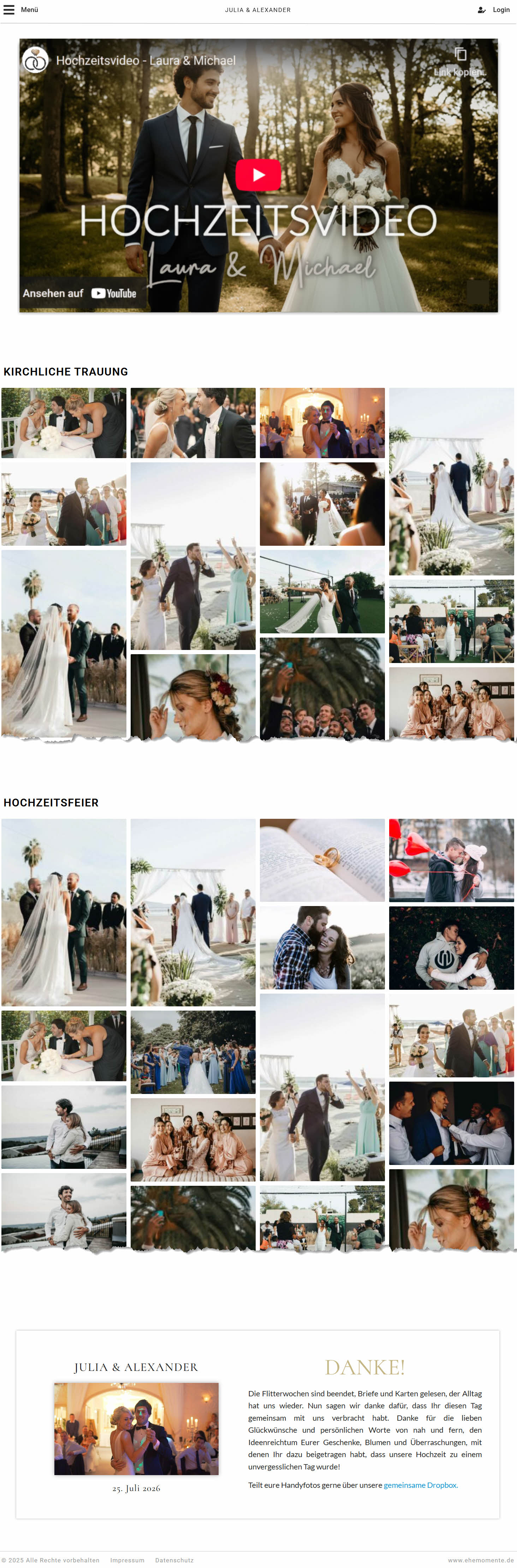 Beispielseite einer Hochzeitshomepage mit eingebettetem Hochzeitsvideo, mehreren Fotogalerien zur Trauung und Feier sowie einer persönlichen Danksagung des Brautpaares.