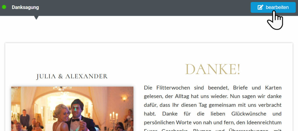 Bearbeitungsansicht der Danksagung auf der Hochzeitshomepage mit Foto, Dankestext und dem Button ‚bearbeiten‘.