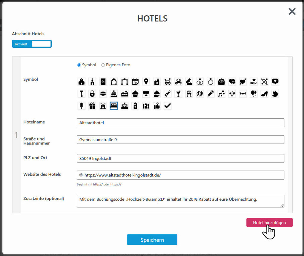 Eingabemaske zum Hinzufügen eines Hotels auf der Hochzeitshomepage mit Symbolauswahl, Feldern für Adresse, Website und Zusatzinfo sowie einem Button ‚Hotel hinzufügen‘.