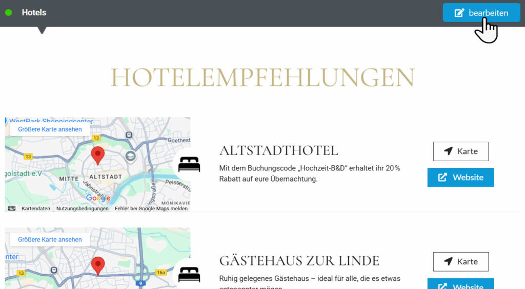 Ansicht der Hotelempfehlungen auf der Hochzeitshomepage mit Google-Maps-Karten, Hoteldetails, Buttons für Karte und Website sowie einem Bearbeiten-Button am oberen rechten Bildschirmrand.