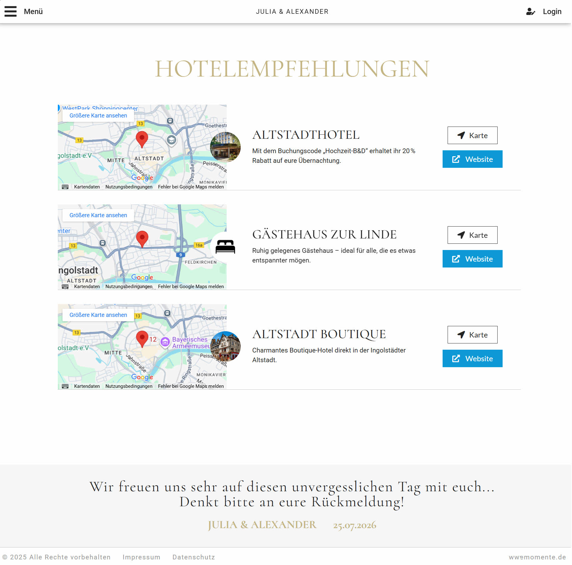 Beispielseite mit Hotelempfehlungen auf einer Hochzeitshomepage mit Google-Maps-Karten, drei empfohlenen Hotels, Buttons für Karte und Website sowie einem Hinweistext am Seitenende.