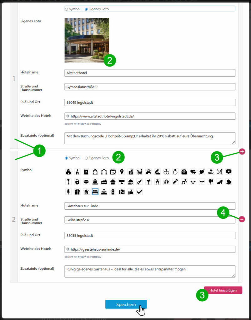 Bearbeitungsansicht der Hotelempfehlungen mit zwei eingetragenen Hotels, Auswahl zwischen Symbol oder eigenem Foto, hochgeladenem Hotelfoto, Eingabefeldern für Adresse und Website sowie Plus- und Minus-Buttons zum Hinzufügen oder Entfernen von Hotels.