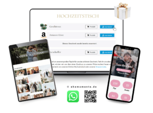Mockup der ehemomente.de Wunschlisten-Funktion für Hochzeiten. Der Laptop zeigt eine Liste mit Geschenken wie einem Geschirrset oder einer Amazon-Liste inklusive 'Reservieren'-Buttons. Ein Tablet zeigt die Hochzeits-Fotogalerie und das Smartphone den individuellen Countdown sowie Möglichkeiten zum Teilen per WhatsApp und QR-Code.