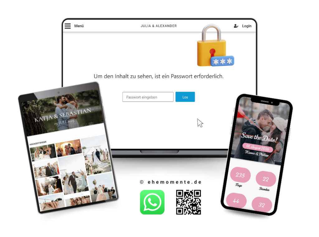 Mockup einer passwortgeschützten Hochzeitswebsite von ehemomente.de auf verschiedenen Geräten. Der Laptop im Zentrum zeigt den Hinweis 'Um den Inhalt zu sehen, ist ein Passwort erforderlich' mit einem gelben Schloss-Icon, während Tablet und Smartphone die personalisierte Website-Ansicht präsentieren.